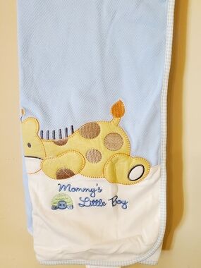First Moments "Mommy's Little Boy" Blue Blanket with Giraffe Applique